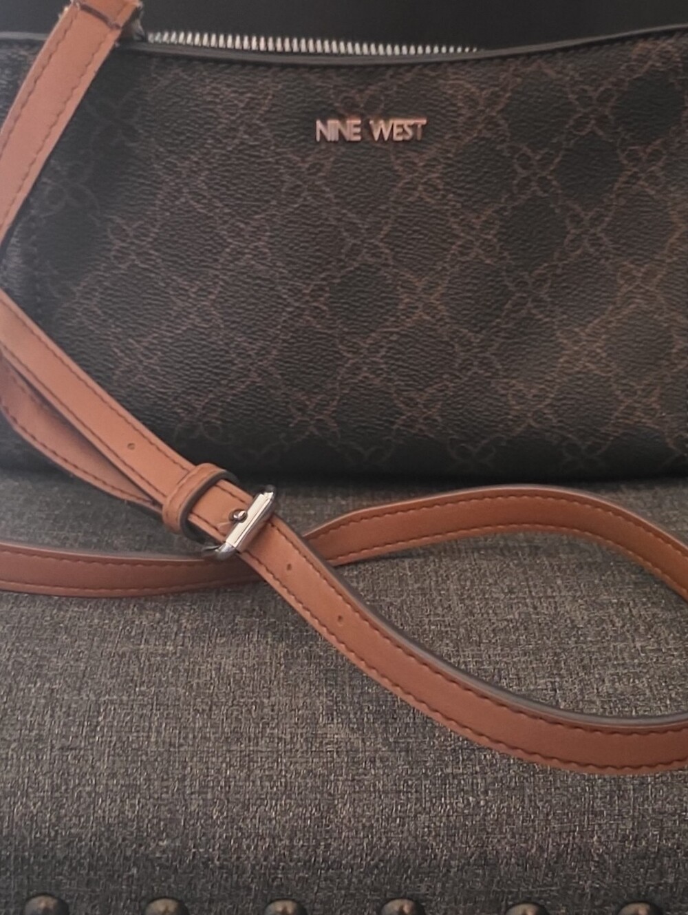Nine West Brown Logo Monogram Small Zip Crossbody Bag Detachable Strap